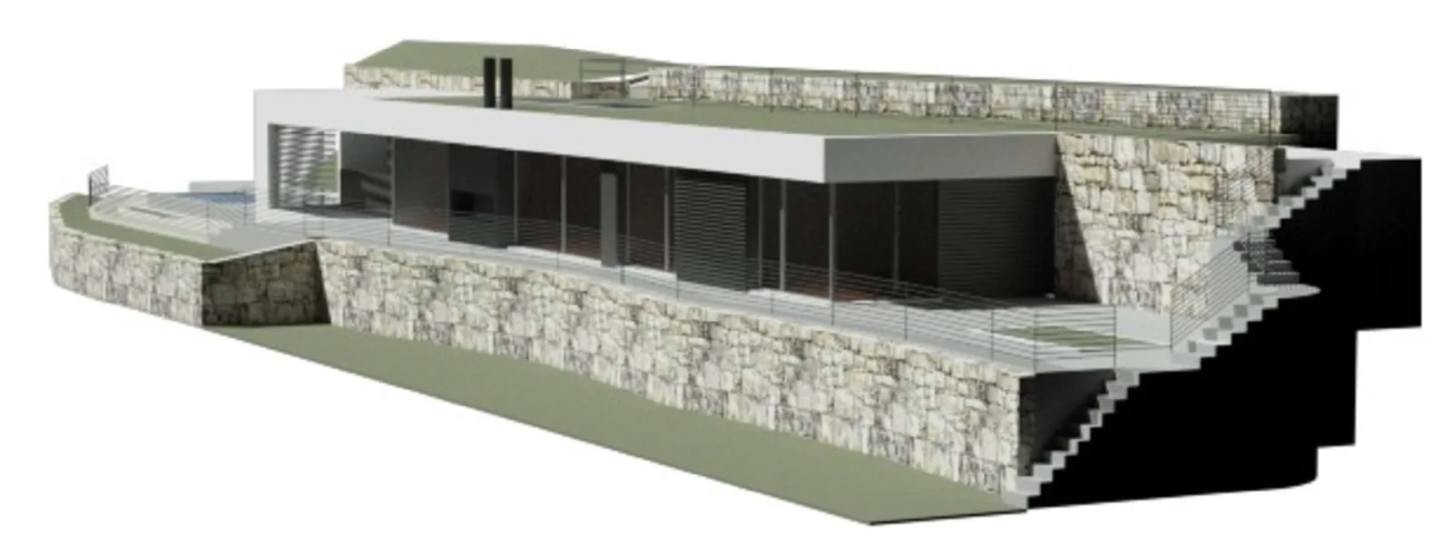 Rendering des Projekts: die eingeschossige Villa unter dem Rasendach, die verglaste Front, links der Pool, die Steinmauern