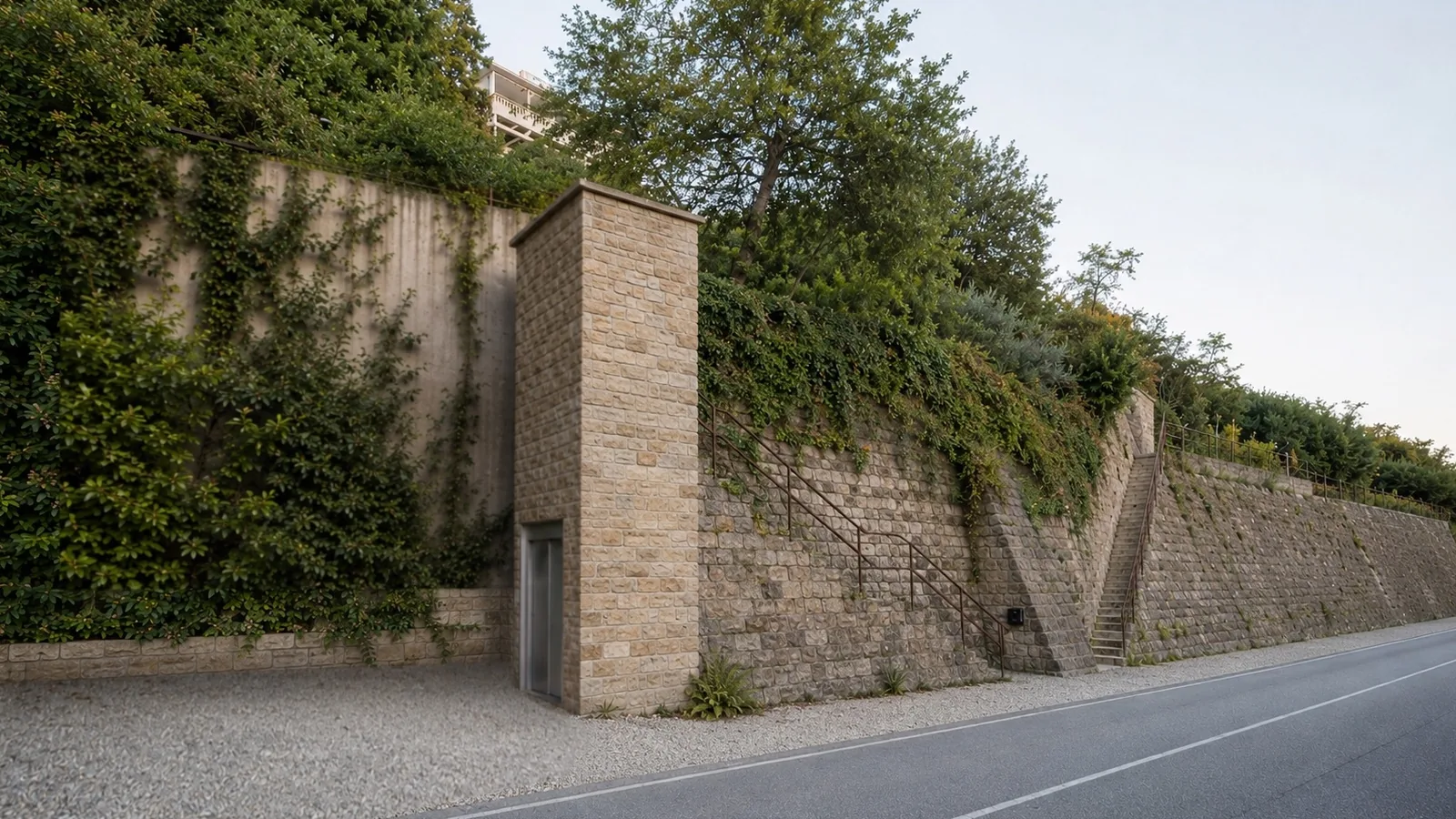 Simulazione del progetto: la torre dell'ascensore in pietra e l'area dei posti auto lungo la strada
