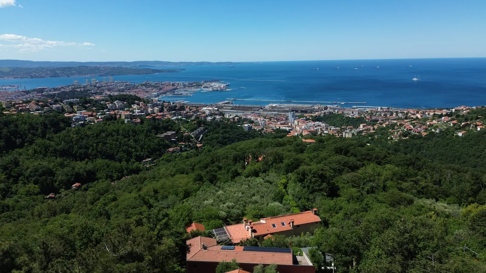 Il golfo di Trieste dal drone, 27 metri sopra il terreno: in basso il bosco e le case vicine, poi la città, il porto e il Porto Vecchio; a sinistra Muggia e la costa istriana, a destra il mare aperto