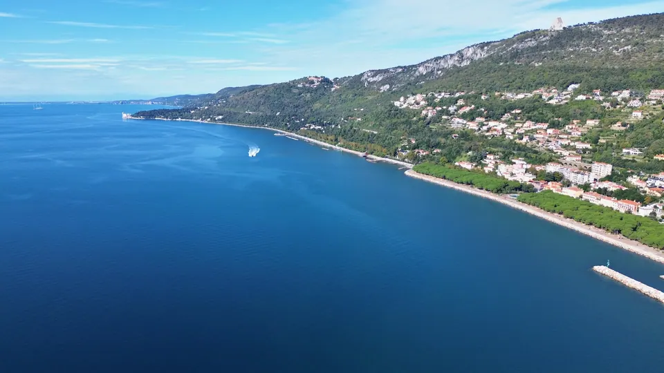 Blue sea on the left and, on the right, a green coast with scattered houses and a shoreline road running to a white castle on a point, in the distance.