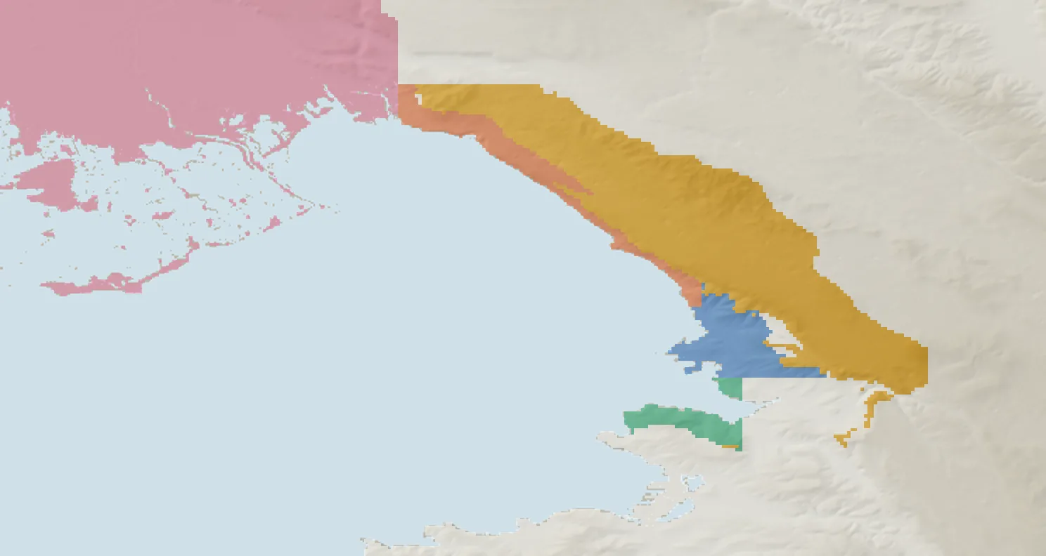 Carta in rilievo del golfo di Trieste con le zone della Bora colorate: Monfalcone e la laguna, la Costiera, le alture e l'altopiano carsico, la città, Muggia