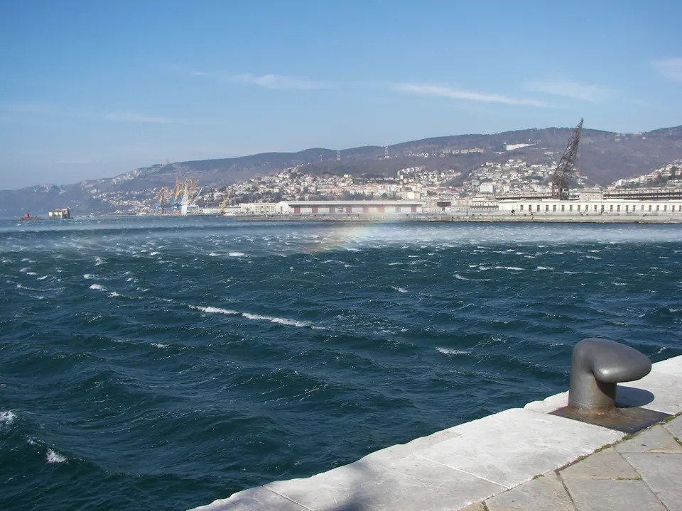 Il porto di Trieste in una giornata di Bora: il mare blu scuro increspato di bianco, il cielo sereno, la città e le gru sulla riva di fronte