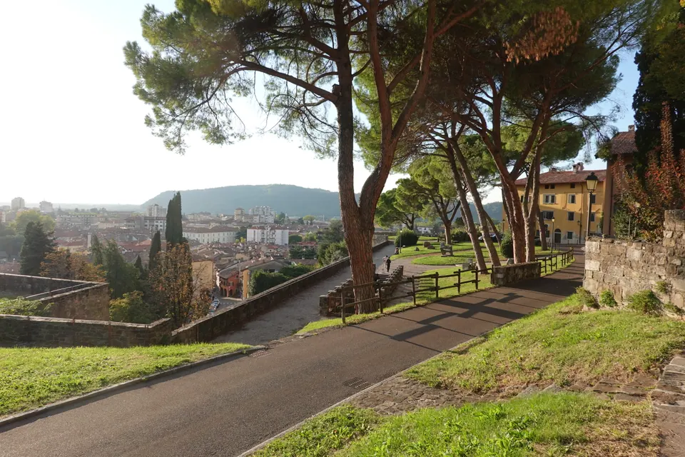 Un viale sotto grandi pini, lungo un muretto di pietra; oltre il muro i tetti della città e, all'orizzonte, un monte boscoso.