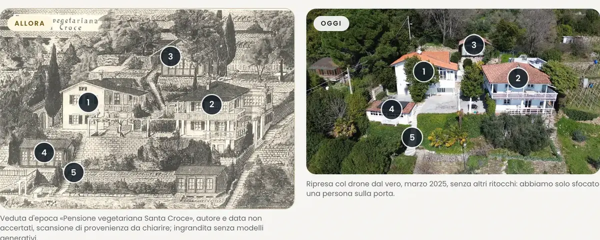 Damals und heute im Exposé der Villa an der Strada Costiera: eine historische Ansicht und die Drohnenaufnahme desselben Hangs, die Gebäude nummeriert.