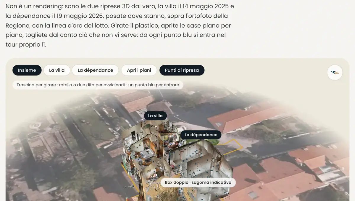 Das 3D-Modell der Via del Panorama: Villa und Nebengebäude auf dem Luftbild, mit den Tasten zum Öffnen.