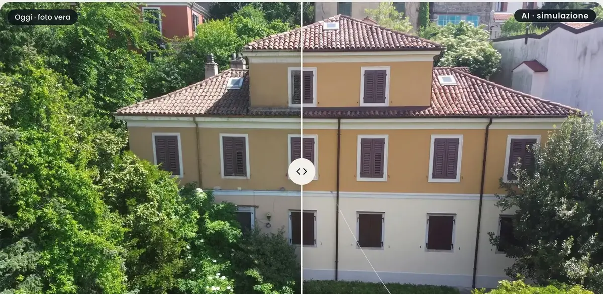 Der Fassadenvergleich im Exposé der Villa in San Luigi: links das echte Foto, rechts die KI-Simulation, mit den Etiketten.
