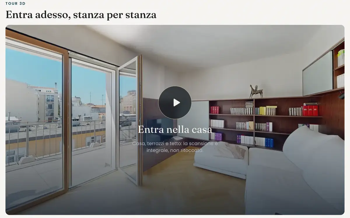 Der 3D-Rundgang oben im Exposé des Penthouse in der Via San Vito, mit der Taste zum Eintreten.